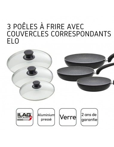 Lot de 3 poêles 24, 28 et 32 cm et couvercles Elo Dolomit Découvrez la collection