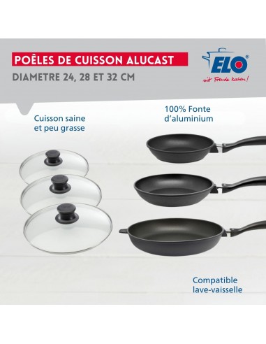 Set de 3 poêles 24 cm 28 cm et 32 cm et couvercles Elo Alucast brillant des détails fins