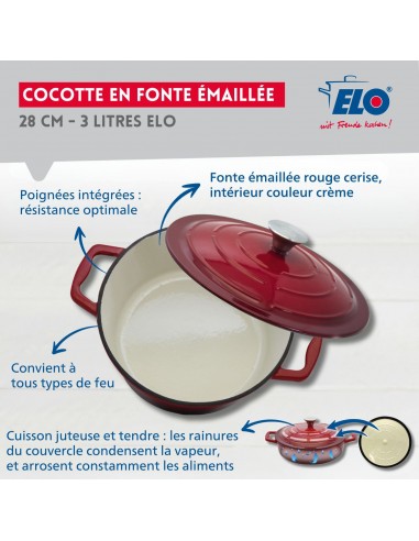 Cocotte en fonte émaillée basse 28 cm rouge cerise 3L Elo Profitez des Offres !